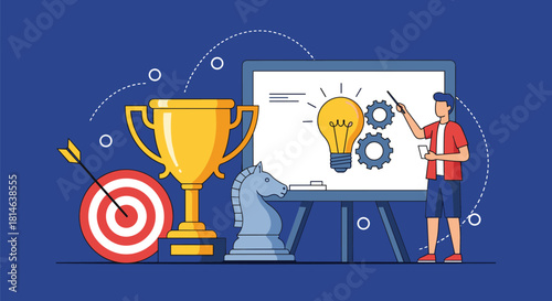 A business strategy and success concept illustration with a man presenting ideas alongside a trophy a target and a chess piece.