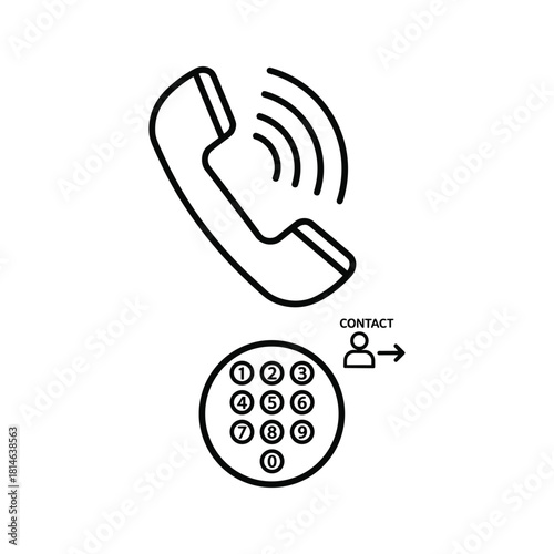 Outline icon of a ringing telephone receiver above a numeric keypad with a contact symbol and arrow