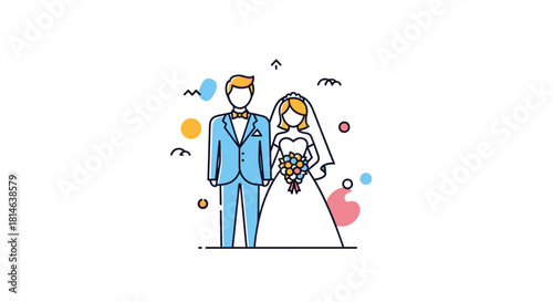 A modern and simple line art illustration of a bride and groom on their wedding day with abstract colorful shapes in the background.