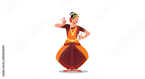 A graceful woman in traditional Indian attire performs a classical dance like Bharatanatyam with expressive hand gestures or mudras.
