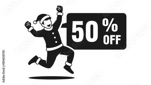 Festive Deal: A holiday-themed silhouette of a person enthusiastically promoting a special offer of 50% off, exuding joy and savings.