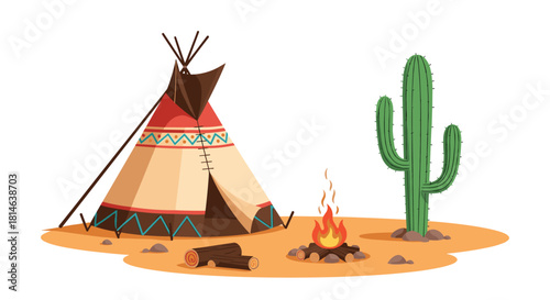 Cartoon illustration of a Native American teepee with a crackling campfire and a large saguaro cactus in a desert landscape.