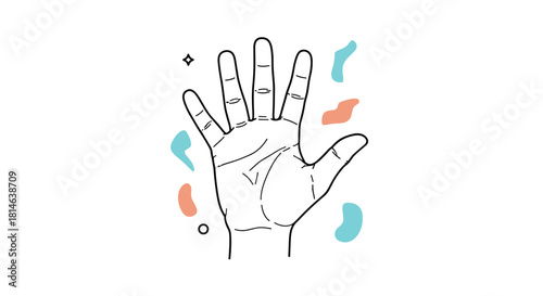 A minimalist black and white line drawing of an open hand palm up with abstract colorful shapes and sparkles in the background.