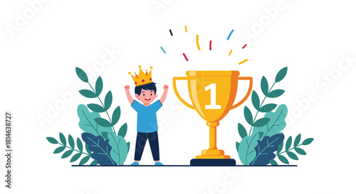 Happy cartoon boy wearing a crown celebrating his victory with a giant number one gold trophy surrounded by green leaves.