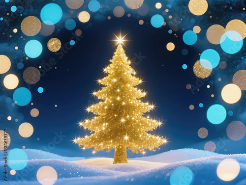 A Christmas tree silhouette made of golden sparkles on a dark blue background and a magical winter scene with a bright blue-gold bokeh effect.