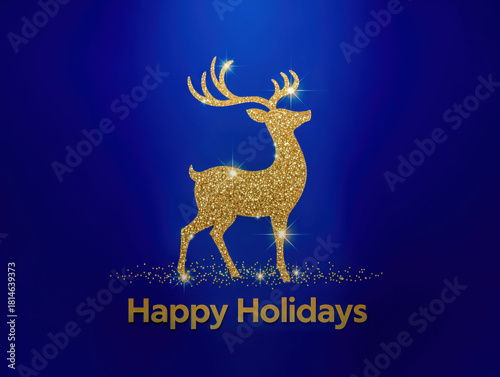 A deer silhouette made of golden sparkles on a dark blue background with the words “Happy Holidays.”