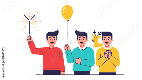 Celebratory Gathering: A lively illustration of three individuals celebrating a happy occasion with a sparkler, balloon, and festive spirit