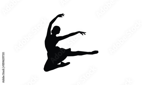 Graceful silhouette of a female ballet dancer in mid leap isolated on white background