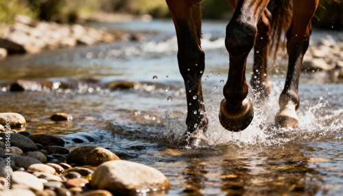 countryside scene of horse crossing river on sunny summer day