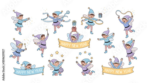 Holiday Elves of Joy: A charming ensemble of festive elves dances and plays, heralding the arrival of a joyful new year, against a festive backdrop.