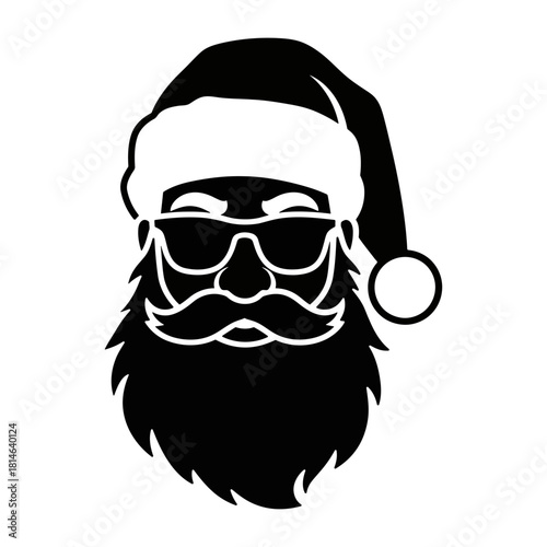 Cool Santa Claus face silhouette with sunglasses and beard Christmas vector icon