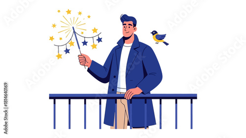 Whimsical Celebration with Sparklers: A man is joyfully holding a sparkler, its shimmering light illuminating the night sky, accompanied by a delightful bird.