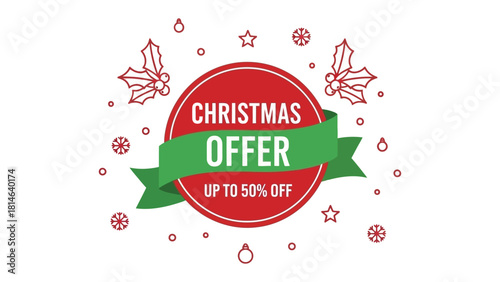 Christmas Offer Banner: A festive circular banner announces a Christmas Offer with a Up to 50% Off promotion, adorned with holiday-themed decorations