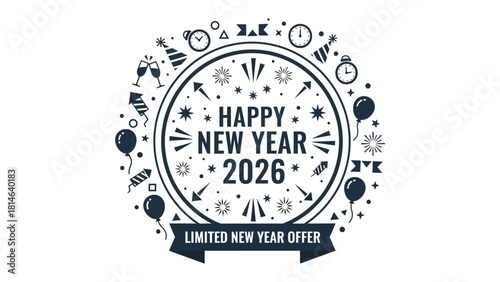 New Year 2026 Celebration: A captivating design celebrates the dawn of 2026, combining festive elements and offers. This design can convey joy and wishes for a prosperous beginning. 