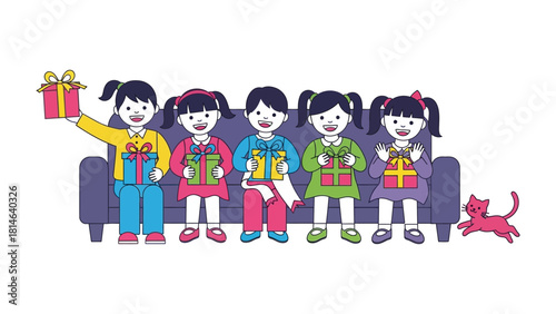 Joyful Gift Exchange: A group of excited children, surrounded by colorful presents, sit on a comfy couch. The illustration style is bright and cheerful.