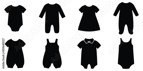 Baby clothing and infant outfit silhouette set, Kids apparel and toddler wear icon collection, Newborn clothing and children fashion silhouette bundle