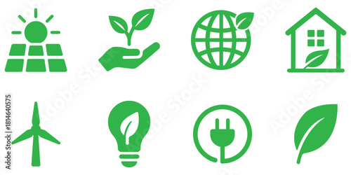 Eco energy and sustainability icon set, Green renewable environment symbol collection, Clean energy and eco friendly icon bundle