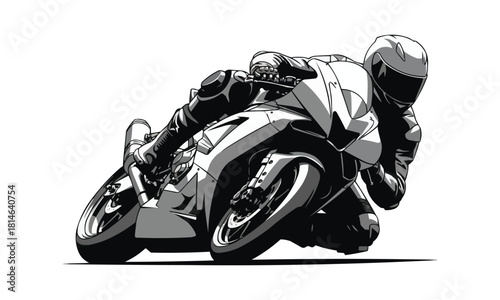 Dynamic action shot of a motorcycle racer leaning into a sharp turn on a white background isolated on white background