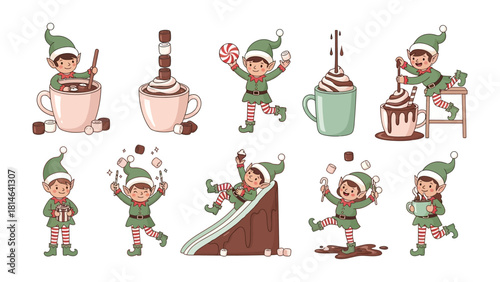 Christmas Elves: A playful set of cartoon elves in festive attire joyfully interact with various elements associated with holiday spirit and sweet treats. 