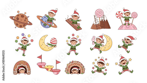 Christmas Elf Whimsical Set: Playful illustrations featuring charming elves engaged in a variety of festive activities, adding a touch of magic and cheer to the holiday season. 