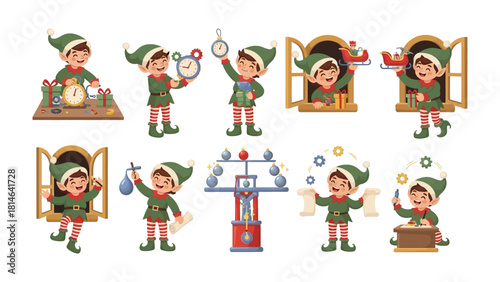 Playful Elves at Workshop: a collection of whimsical elves engaged in various activities, each one wearing traditional attire and brimming with festive cheer.