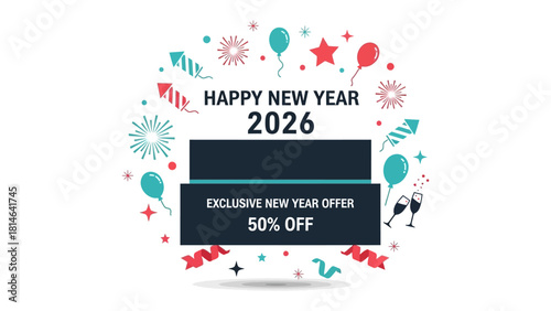 New Year 2026 Celebration Offer: A festive graphic design with celebratory elements announces a Happy New Year 2026 promotion, featuring discounts and offers for a joyful start.