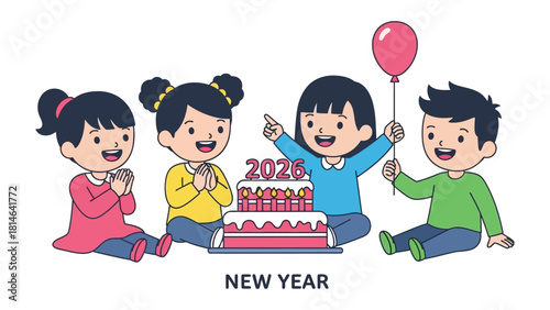 Kids New Year Celebration: Four kids around a colorful birthday cake, enjoying the New Year