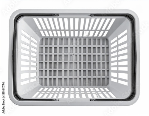 Empty gray plastic shopping basket, overhead view