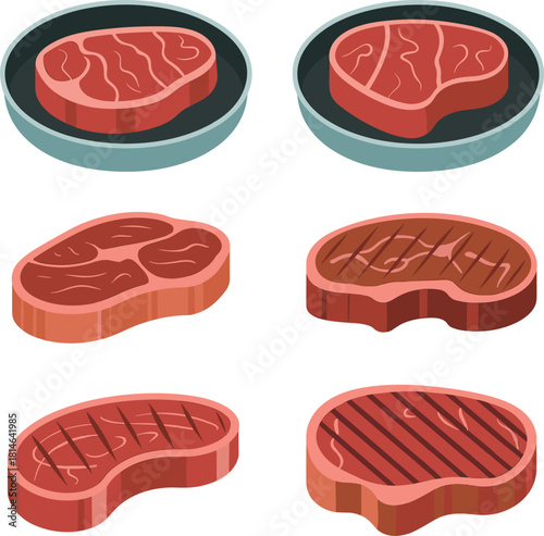 Collection of raw and cooked beef steaks in various styles