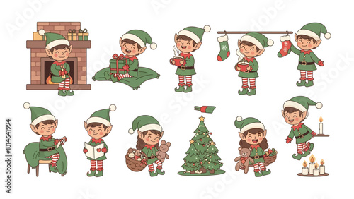 Holiday Cheer Illustration: A charming collection of elves engaged in various festive activities, from decorating to preparing for the celebration, against a clean backdrop.