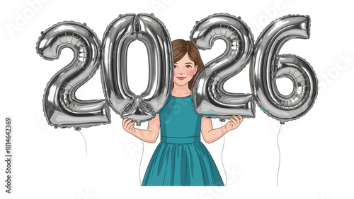 New Year's Eve 2026: A woman holds a 2026 balloon in anticipation of new year.