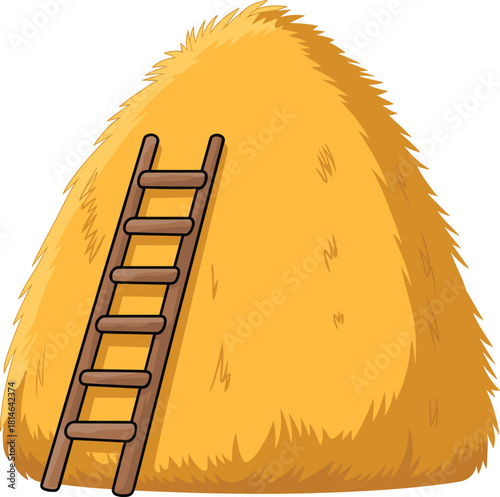 A large haystack with a wooden ladder leaning against it