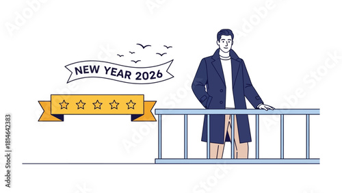 New Year 2026: Man in Thought: A man leans thoughtfully against a railing, gazing towards the horizon, framed by the promise of the New Year, represented by a banner.