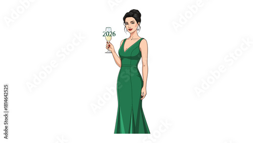 Elegant Celebration: A woman, radiating grace, poised in a gown, raises a champagne glass, offering a toast to the new year's arrival, symbolizing anticipation and joyful celebration.