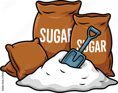Bags of sugar and a shovel piled high with white granules