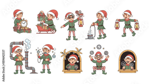 Elf Collection: A charming compilation of adorable elves is illustrated, engaged in diverse tasks and displaying a delightful Christmas spirit. 