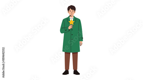 Man Holding Golden Star: A man in a green overcoat stands confidently, holding a golden star, a symbol of recognition.