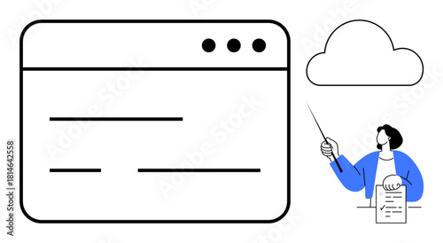 Man explaining data using a document and pointer, facing browser window and cloud graphic. Ideal for cloud computing, web hosting, online learning, tech presentation, education, storage solutions