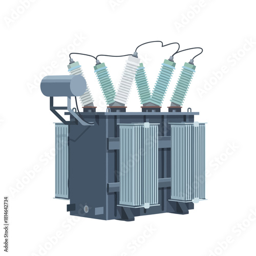 Industrial power transformer with multiple coils and electrical connections, isolated on