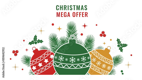 Festive Cheer: A vibrant illustration showcasing the spirit of Christmas. Adorned with colorful ornaments, sprigs of holly and pine needles, it embodies holiday season, symbolizing gifts and warmth