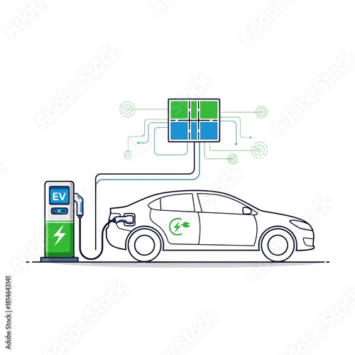 Electric car charging station with digital display and energy flow diagram