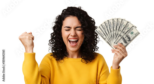 Excited woman with curly hair holding fan of US hundred dollar bills and fist raised money us dollars isolated on a transparent background