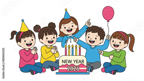 Happy New Year 2026: A group of children eagerly anticipate a new year celebration, gathering around a festive cake.