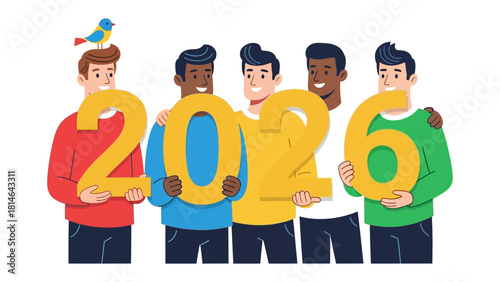 2026 Friends: United group of friends hold big numbers, bird on head with happiness. Celebrating the joy and anticipation