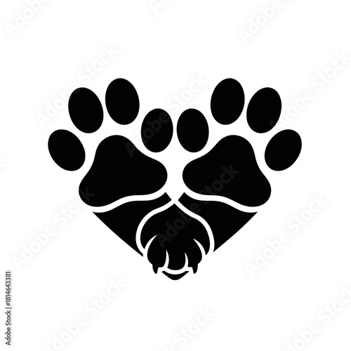 Black paw print shaped like a heart symbolizing love and affection for pets, isolated on
