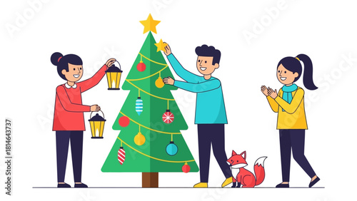 Festive Family: Illustrative image capturing the warmth of family, adorning a vibrant Christmas tree with joyful decorations, the anticipation of festive lights, laughter.