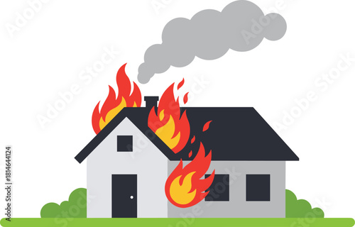 House fire emergency, burning building disaster, residential blaze danger, flames and smoke, fire safety awareness, intense heat, emergency response illustration