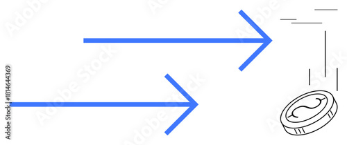 Two blue arrows pointing toward a coin in motion, symbolizing direction, financial progression, and decisions. Ideal for finance, investment, strategy, savings, transactions economy simple flat
