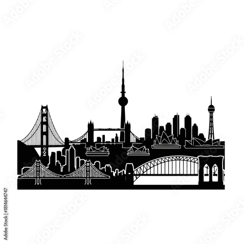 Silhouette illustration of famous city skyline with iconic landmarks and bridges
