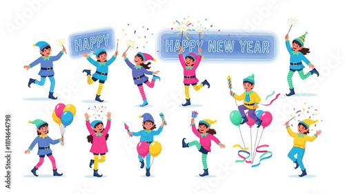 Festive New Year Revelry: Playful figures in cheerful attire celebrate the arrival of the New Year, filling the scene with joy and jubilant expressions.